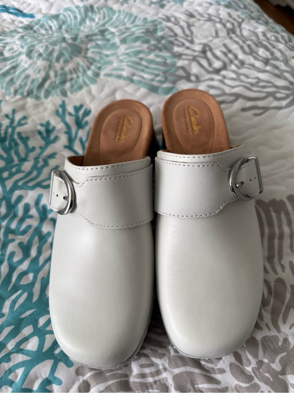 Clarks White Leather Slip-On Mules with Silver Buckles